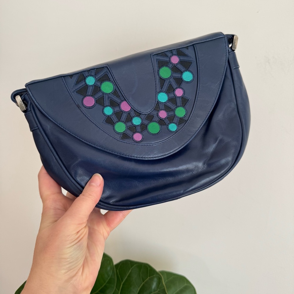 Vintage 80s Mima Venezia Patchwork Leather Crossbody Stylish Navy Shoulder Bag